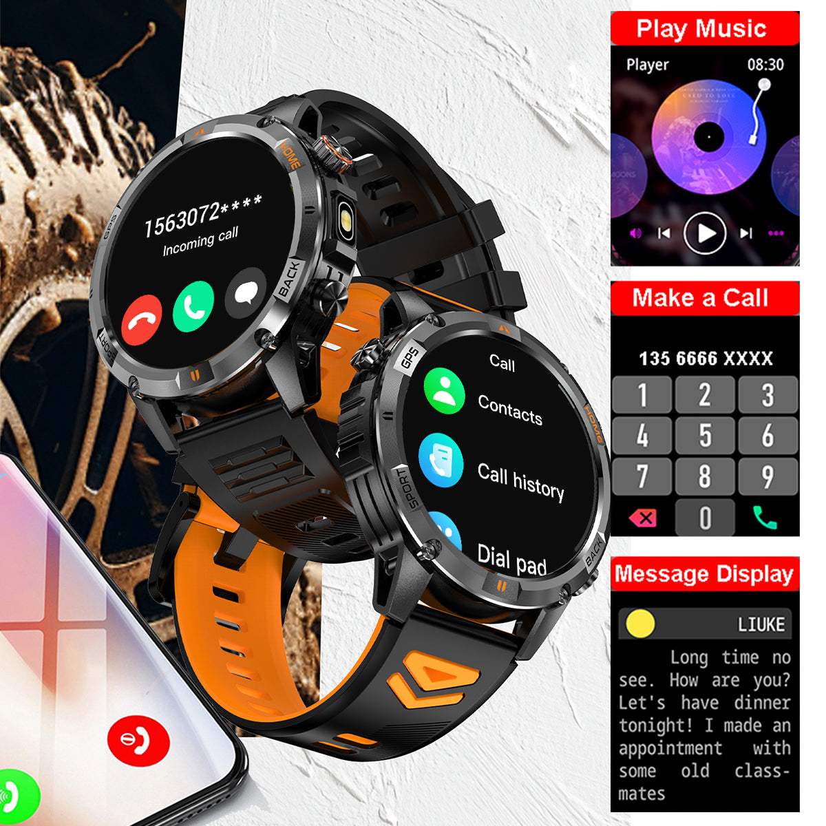 COANR GPS Men Outdoor smartwatch, 1.53-inch AMOLED HD Screen Fitness Tracker with Wireless Calling, Message Push, Over 100 Sports Modes, GPS compass, LED flash, 580 Mah large battery, Suitable For Android iOS