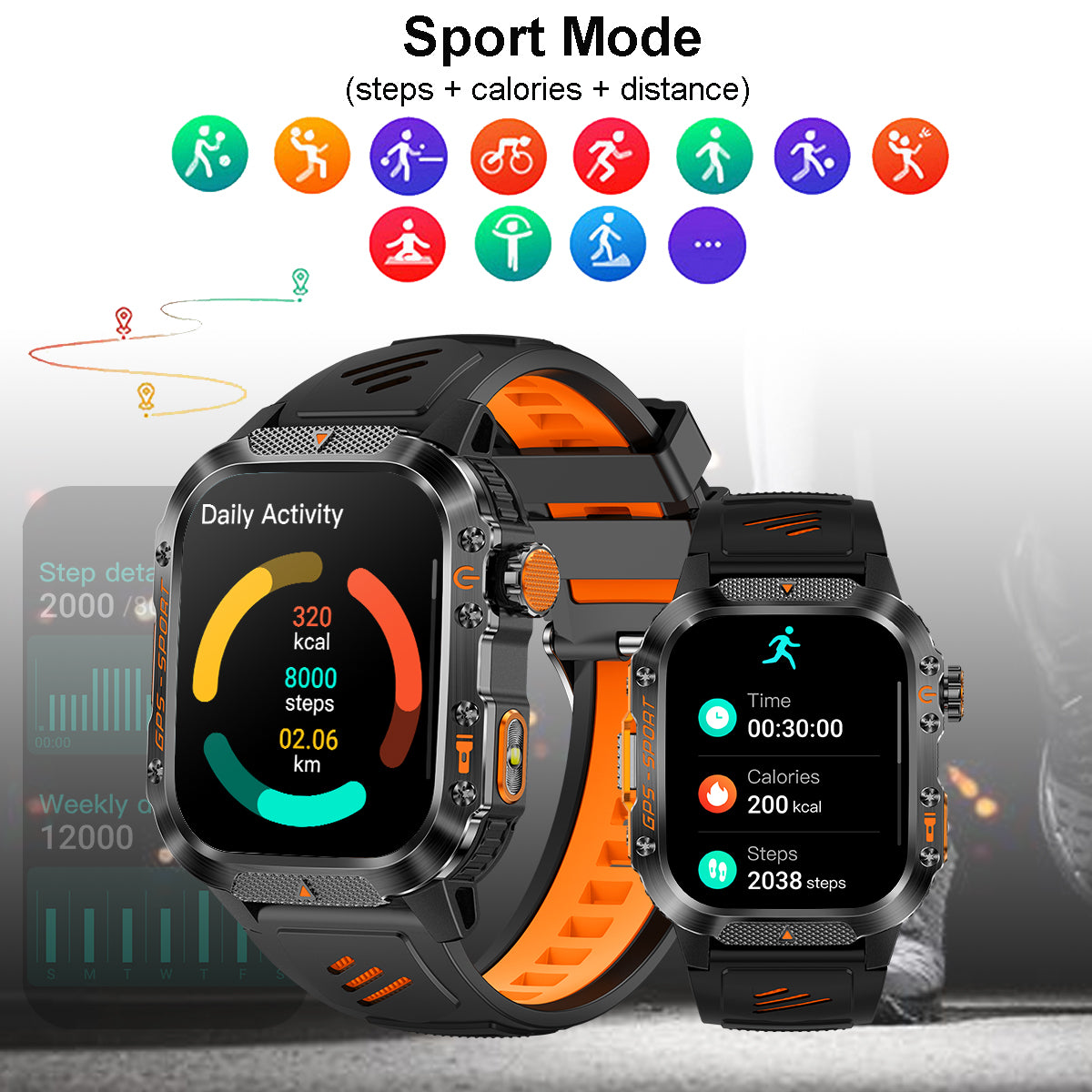 COANR GPS Men Women Sports Smartwatch Fitness Tracker, 2.01 "IPS HD screen, 3ATM Waterproof, GPS map, 540Mah Battery, 100+Sport Modes, Wireless Calls, Message Push, Multiple Dials, For Android iPhone