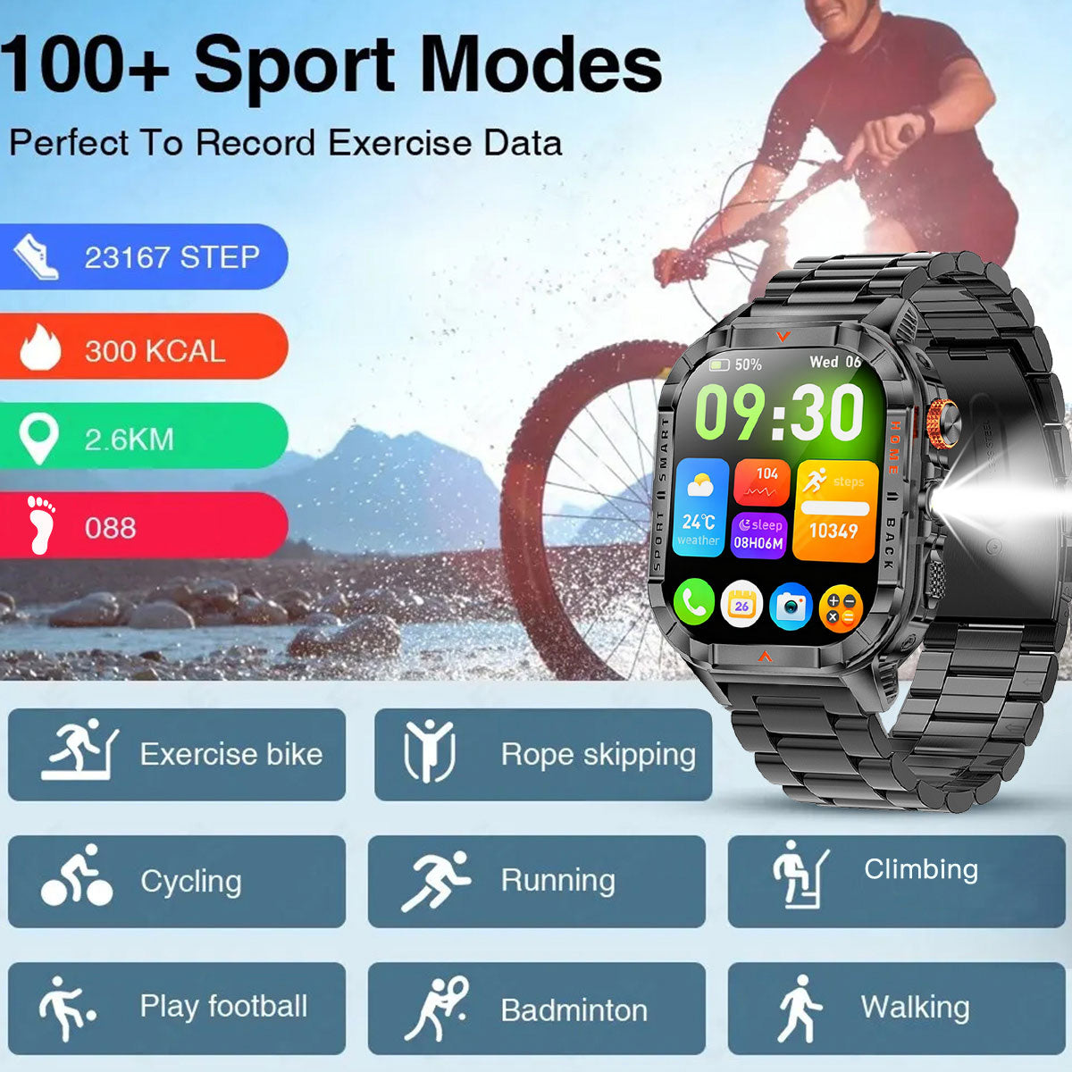 COANR Active Men's outdoor sports smartwatch, 100+sport mode, long-lasting 1200mAh battery, pedometer, remote photo/music playback, 100+dial, alarm clock, 360+360 pixels, wireless calling, message notification, flashlight, alloy body Smart Watch