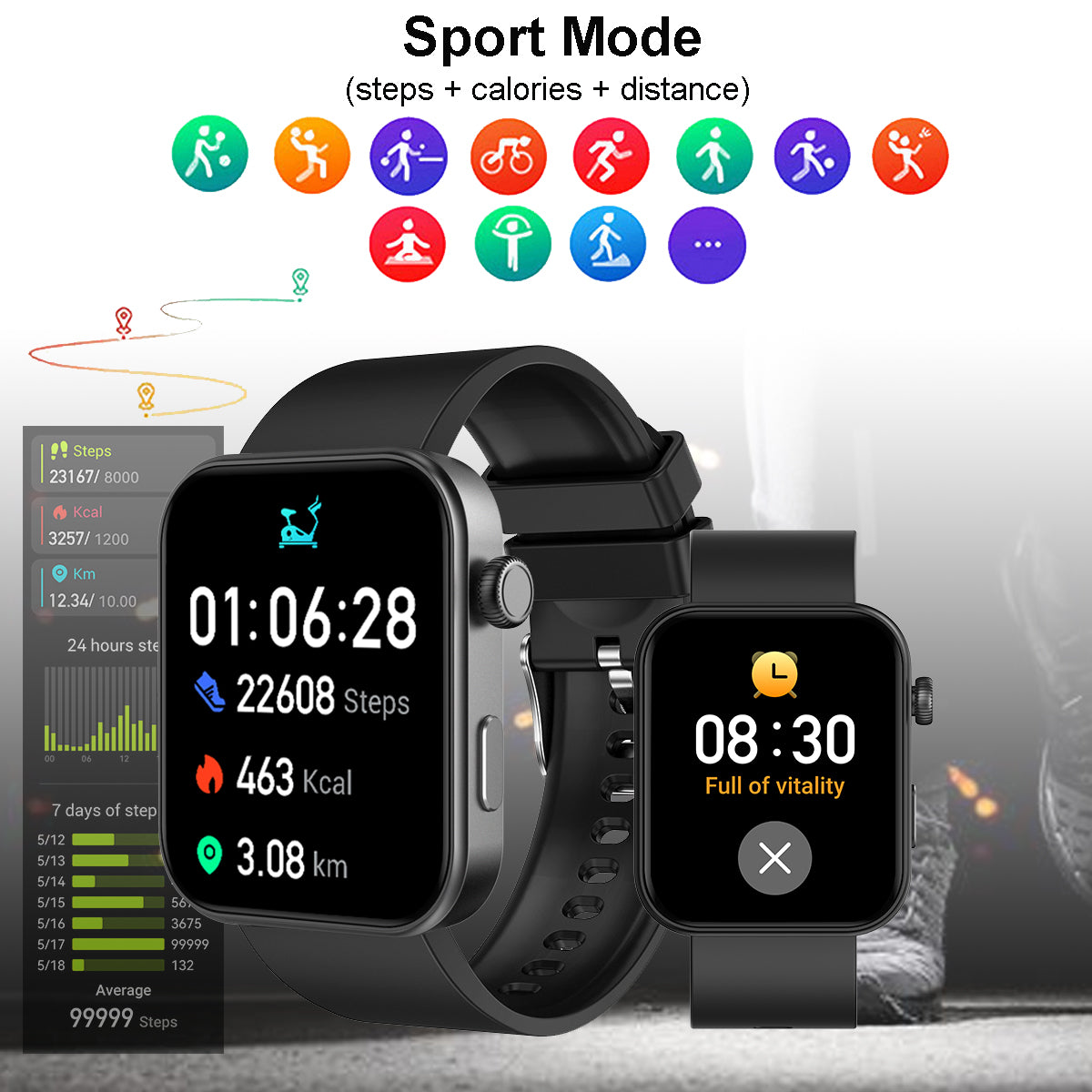 COANR One smartwatch, 1.85-inch high-definition touchscreen fitness tracker, supports Bluetooth calls, a fitness watch with heart rate/sleep monitoring functions, supports 120+ exercise modes, and is an IP68 waterproof smartwatch for Android systems.