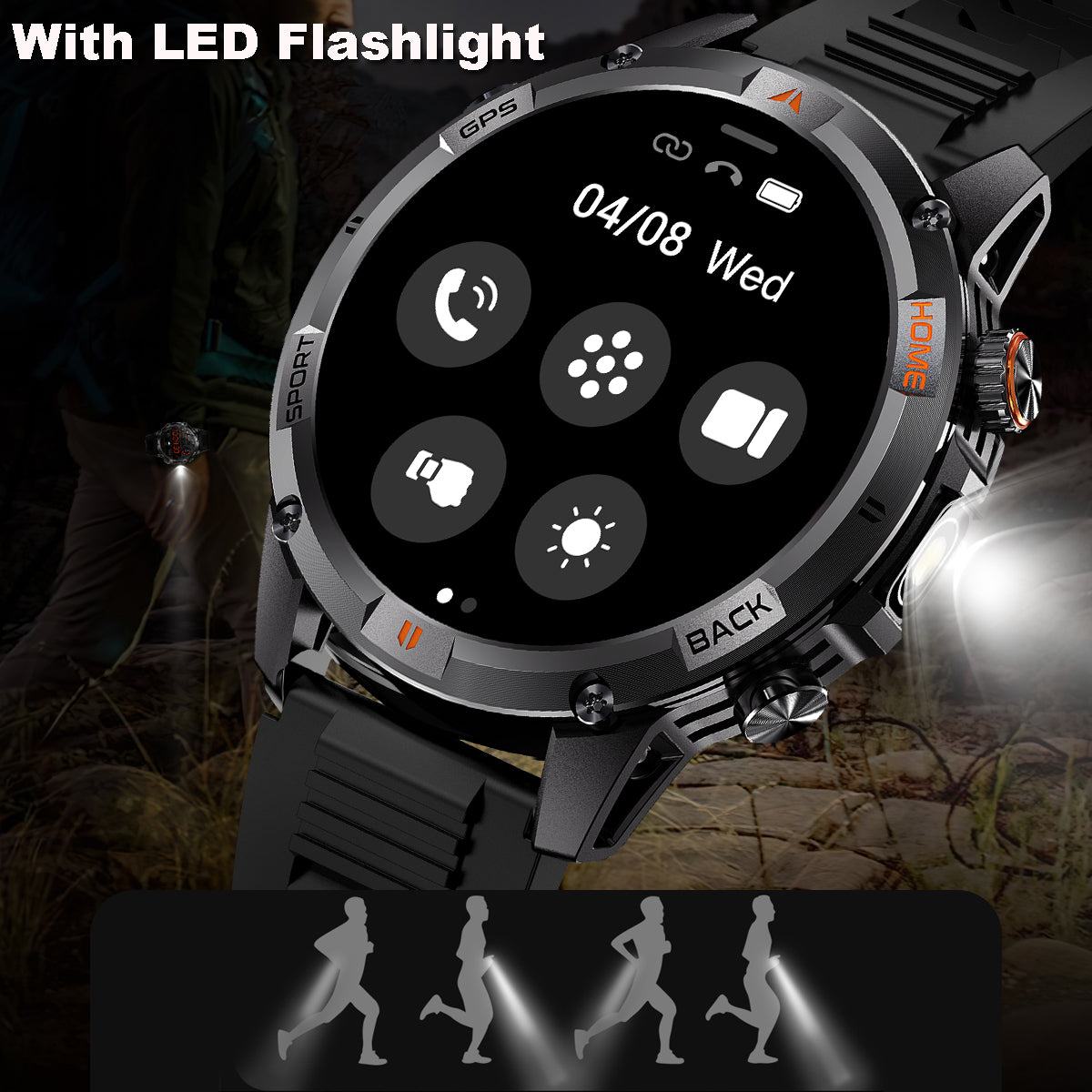 COANR GPS Men Outdoor smartwatch, 1.53-inch AMOLED HD Screen Fitness Tracker with Wireless Calling, Message Push, Over 100 Sports Modes, GPS compass, LED flash, 580 Mah large battery, Suitable For Android iOS