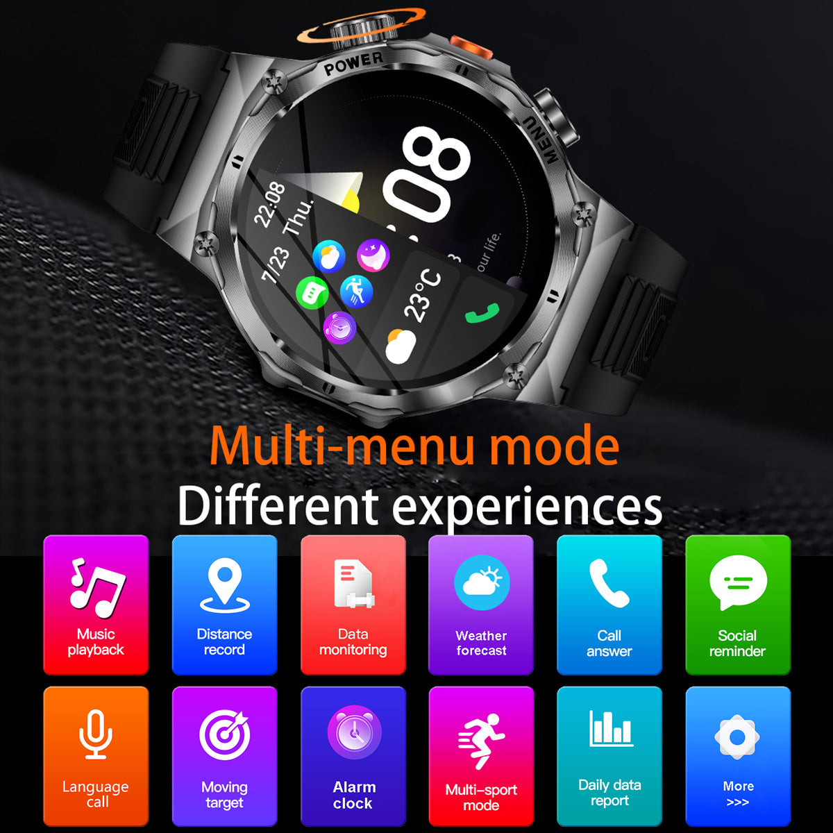 COANR Active Men Outdoor Sports Smartwatch, AMOLED 1.7-inch HD Screen, 700mAh  Capacity Battery, Zinc Alloy Body, 100+Sports Modes, Wireless Calling, Information Push, pedometer, Distance, LED Flashlight, Music remote control, for iPhone and Android