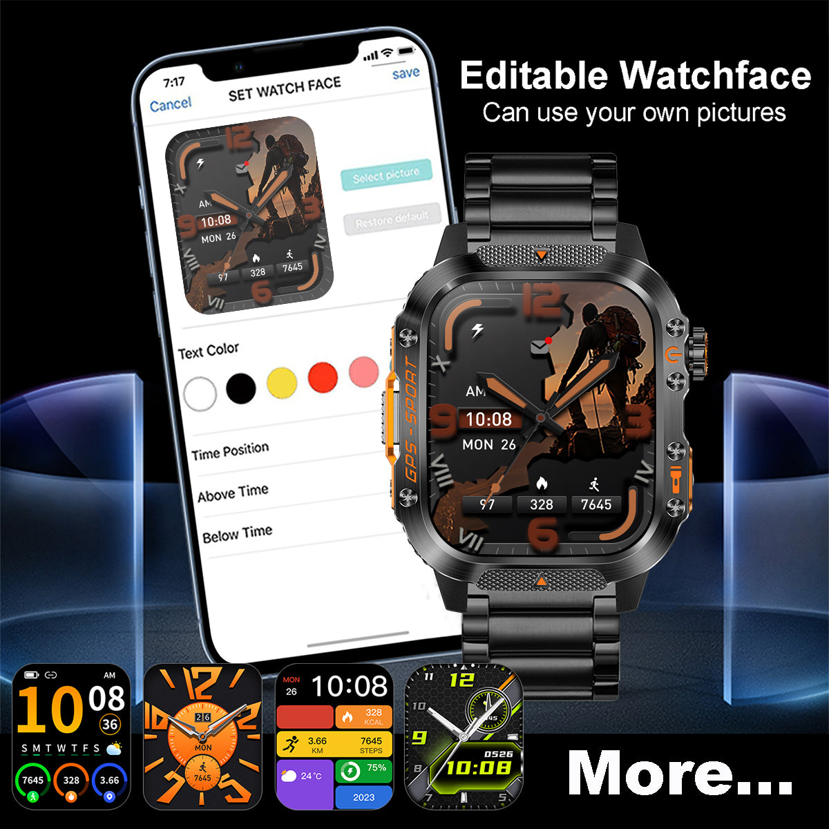 COANR GPS Men Women Sports Smartwatch Fitness Tracker, 2.01 "IPS HD screen, 3ATM Waterproof, GPS map, 540Mah Battery, 100+Sport Modes, Wireless Calls, Message Push, Multiple Dials, For Android iPhone