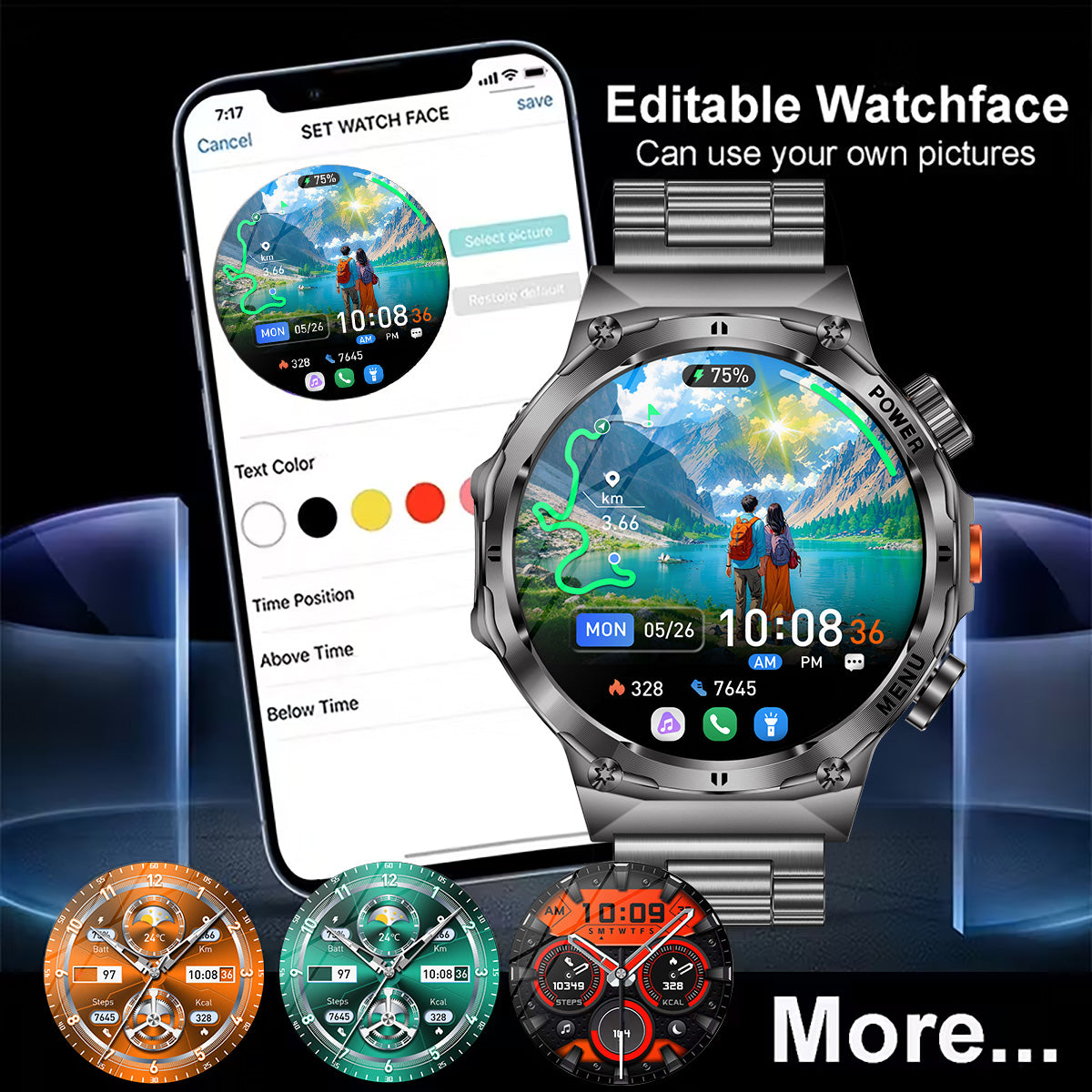 COANR Active Men Outdoor Sports Smartwatch, AMOLED 1.7-inch HD Screen, 700mAh  Capacity Battery, Zinc Alloy Body, 100+Sports Modes, Wireless Calling, Information Push, pedometer, Distance, LED Flashlight, Music remote control, for iPhone and Android