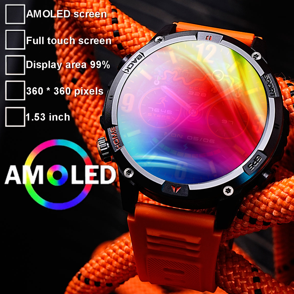 COANR GPS Men Outdoor smartwatch, 1.53-inch AMOLED HD Screen Fitness Tracker with Wireless Calling, Message Push, Over 100 Sports Modes, GPS compass, LED flash, 580 Mah large battery, Suitable For Android iOS