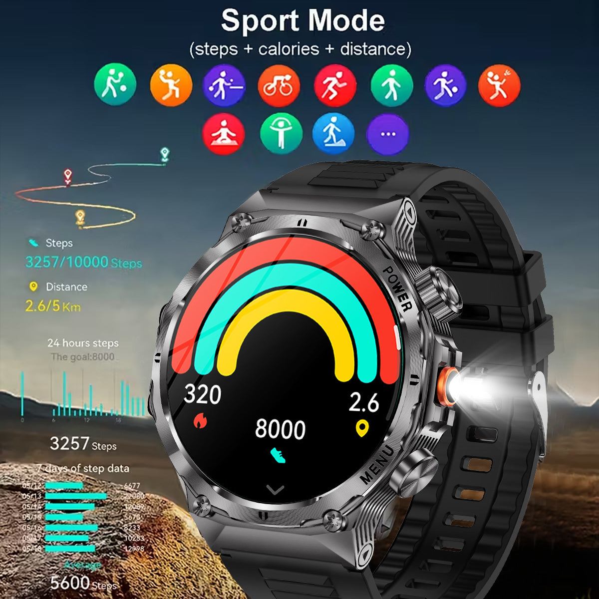 COANR Active Men Outdoor Sports Smartwatch, AMOLED 1.7-inch HD Screen, 700mAh  Capacity Battery, Zinc Alloy Body, 100+Sports Modes, Wireless Calling, Information Push, pedometer, Distance, LED Flashlight, Music remote control, for iPhone and Android