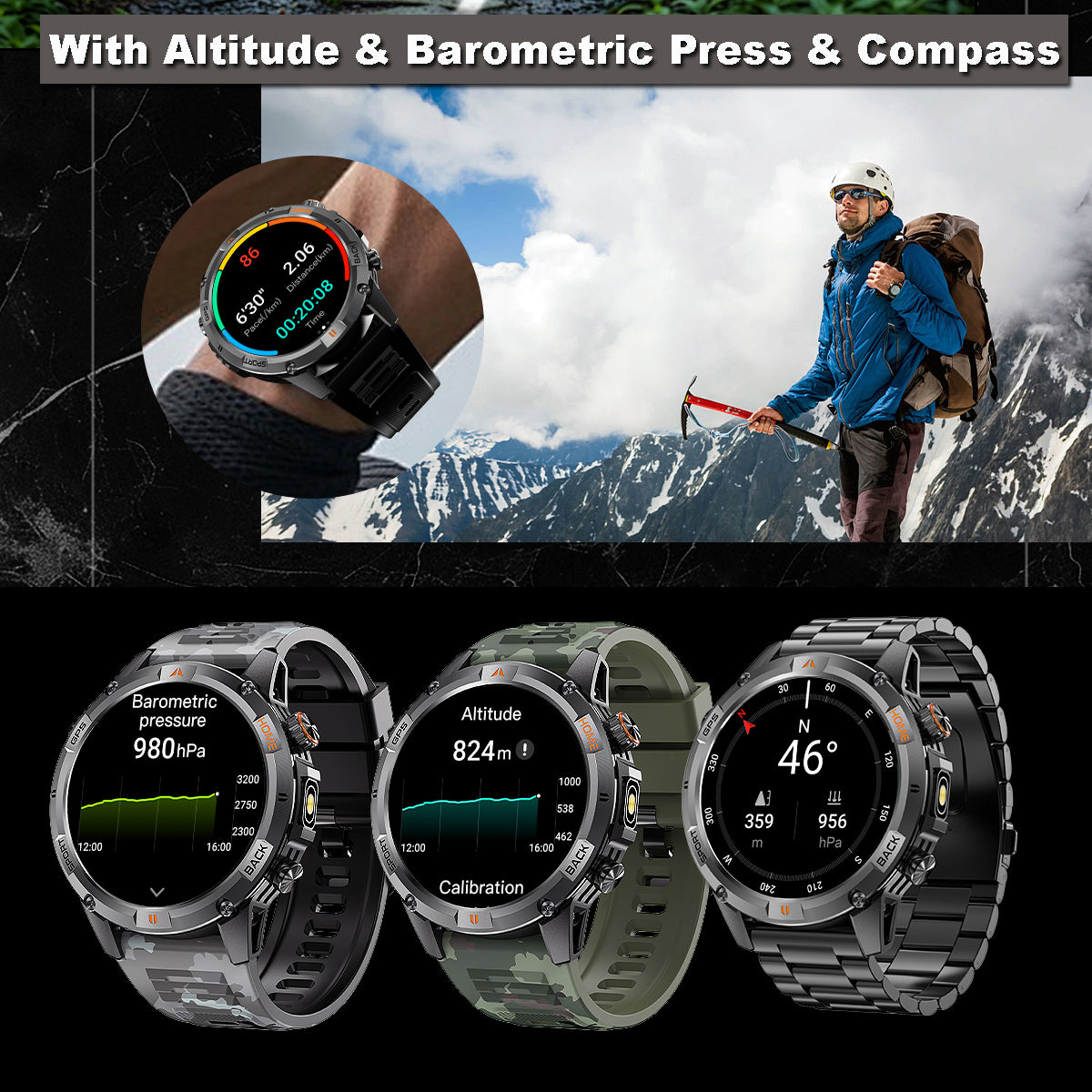 COANR GPS Men Outdoor smartwatch, 1.53-inch AMOLED HD Screen Fitness Tracker with Wireless Calling, Message Push, Over 100 Sports Modes, GPS compass, LED flash, 580 Mah large battery, Suitable For Android iOS