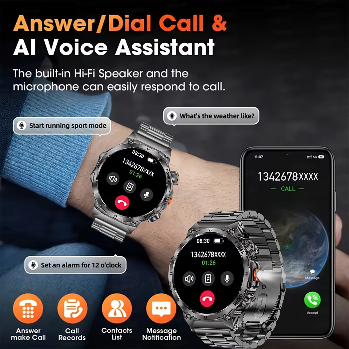 COANR Active Men Outdoor Sports Smartwatch, AMOLED 1.7-inch HD Screen, 700mAh  Capacity Battery, Zinc Alloy Body, 100+Sports Modes, Wireless Calling, Information Push, pedometer, Distance, LED Flashlight, Music remote control, for iPhone and Android