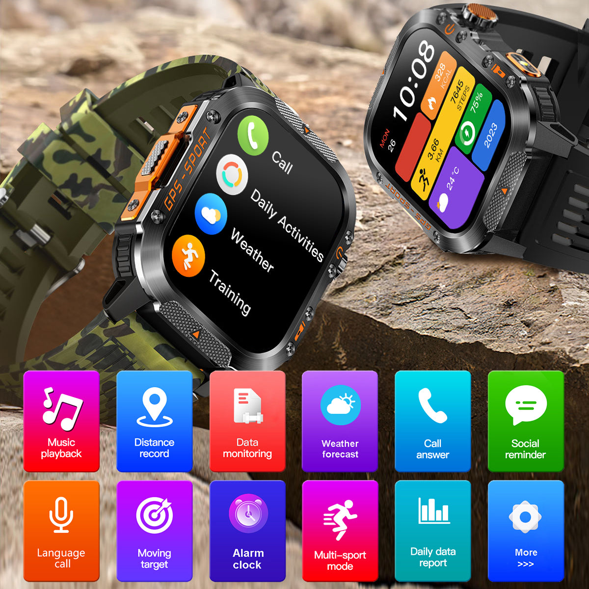 COANR GPS Men Women Sports Smartwatch Fitness Tracker, 2.01 "IPS HD screen, 3ATM Waterproof, GPS map, 540Mah Battery, 100+Sport Modes, Wireless Calls, Message Push, Multiple Dials, For Android iPhone