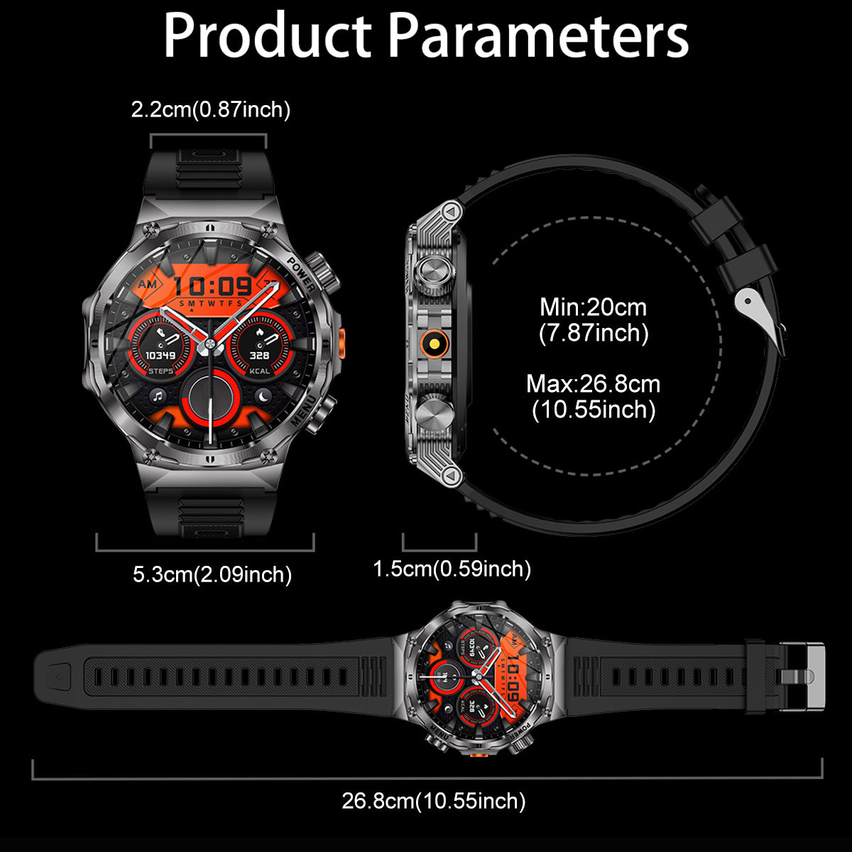 COANR Active Men Outdoor Sports Smartwatch, AMOLED 1.7-inch HD Screen, 700mAh  Capacity Battery, Zinc Alloy Body, 100+Sports Modes, Wireless Calling, Information Push, pedometer, Distance, LED Flashlight, Music remote control, for iPhone and Android